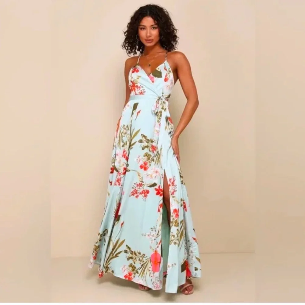 NWT Lulus Still the One Sage Green Floral Print Satin Maxi Dress - Picture 2 of 6
